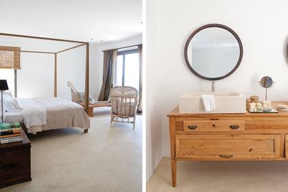 La zona del baño se integra con gracia a la habitación. Para no hacer una mesada de obra, la bacha (Durán) se montó sobre un mueble de madera comprado en un anticuario.