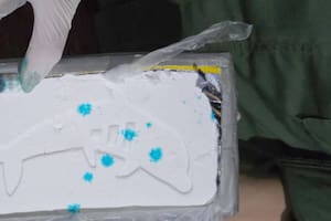Ladrillo de cocaína con el bajorrelieve del delfín hallado en el interior del juego de living interceptado en Orán