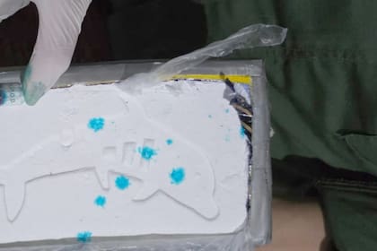 Ladrillo de cocaína con el bajorrelieve del delfín hallado en el interior del juego de living interceptado en Orán