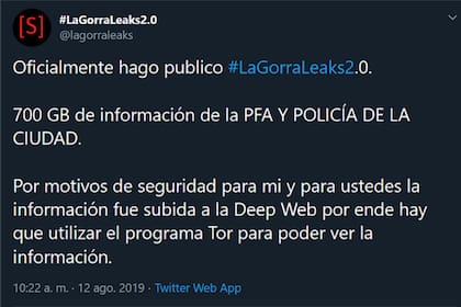 Un tuit en el que la cuenta @lagorraleaks anunciaba que tenía la información confidencial de la Policía