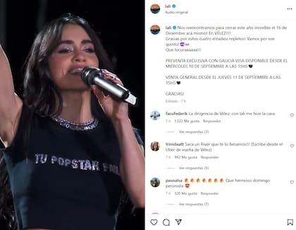 Lali anunció en vivo un quinto Vélez y después lo compartió también en sus redes sociales