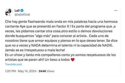 Lali Espósito se defendió ante las críticas por su ida y vuelta con la concursante (Captura: X)
