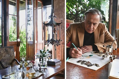 Lámpara colgante de inspiración chinoiserie, con campanas y badajos como “llamadores de buena onda”. Comedor o estudio, los ambientes son indistintos para este creador: “Me ubico según la tarea" comparte.