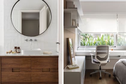 Lámpara de escritorio ‘Tokio’ (iMdi). Silla ‘Express 2’ de Herman Miller (Colección). En el baño, vanitory de incienso y espejo de hierro patinado al bronce (Valeria Lamas). Mesada en mármol de Carrara. Azulejos irregulares (Barugel Azulay). Bacha ‘Square’ (Roca). Grifería ‘Chess’ (FV).