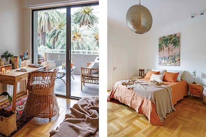 Lámpara de techo (Rapsodia). Silla, cama y mesas de luz heredadas. Veladores (Desde Asia). Cuadro (Cata Ruiz). Ropa de cama, pie, manta y almohadones (todo de Lote Propio).