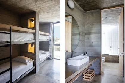 Lámparas (Iluminación Castelar). En el baño de los chicos, mesada de hormigón alisado, bacha ‘Oliver’ (Barugel) y grifería ‘Puelo’ (FV).