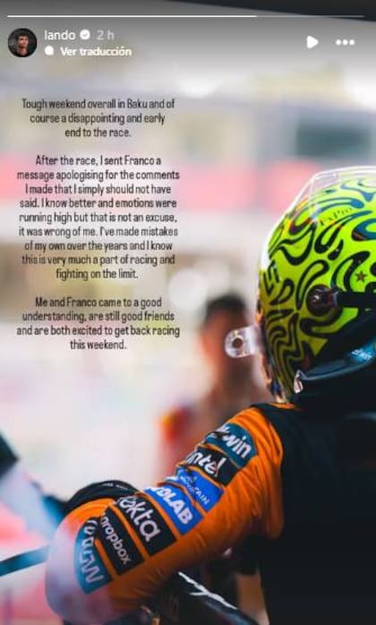 Lando Norris se disculpó con Colapinto luego de su fuerte crítica en el GP de Azerbaiyán.