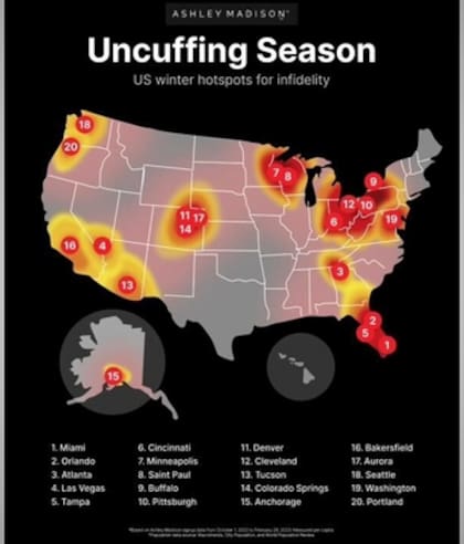 Las 20 ciudades que más cuentas tienen en Ashley Madison