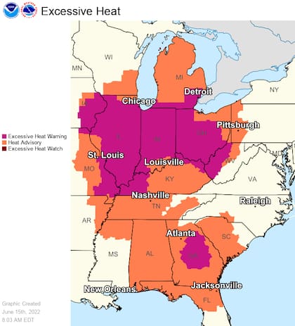 Las advertencias de calor excesivo y los avisos de calor siguen vigentes hoy desde Michigan hasta el norte de Florida