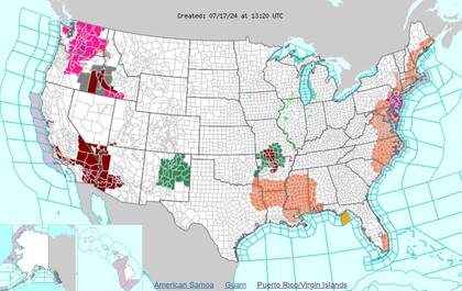 Las advertencias de calor (naranja) y alertas por calor excesivo (violeta) en EE.UU.