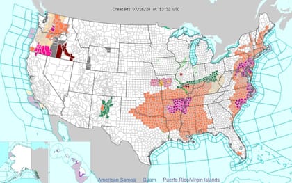 Las advertencias de calor (naranja) y alertas por calor excesivo (violeta) en EE.UU.