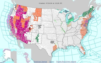 Las advertencias de calor (naranja) y alertas por calor excesivo (violeta) en EE.UU.