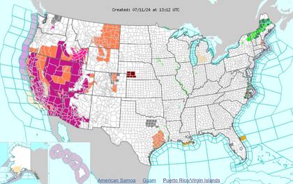 Las advertencias de calor (naranja) y alertas por calor excesivo (violeta) en EE.UU.