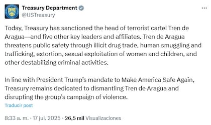 Las agencias del gobierno de EE.UU., como el Departamento del Tesoro, buscan desmantelar al Tren de Aragua. Foto: Treasury Department, X