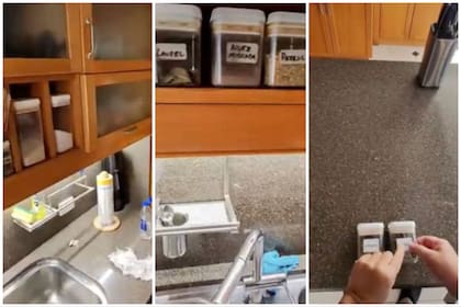 Las alacenas mantienen una estética ordenada: los diferentes ingredientes, especias y alimentos están guardados en frascos de vidrio etiquetados