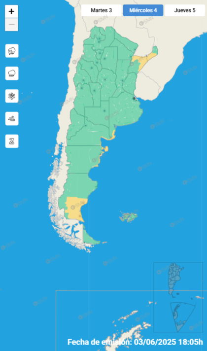 Las alertas emitidas por el SMN para este miércoles 4 de junio.