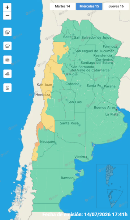 Las alertas emitidas por el SMN para este miércoles 15 de julio