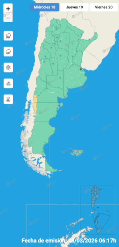 Las alertas emitidas por el SMN para este miércoles 18 de marzo.