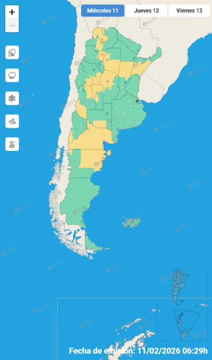 Las alertas emitidas por el SMN para este miércoles 11 de febrero.