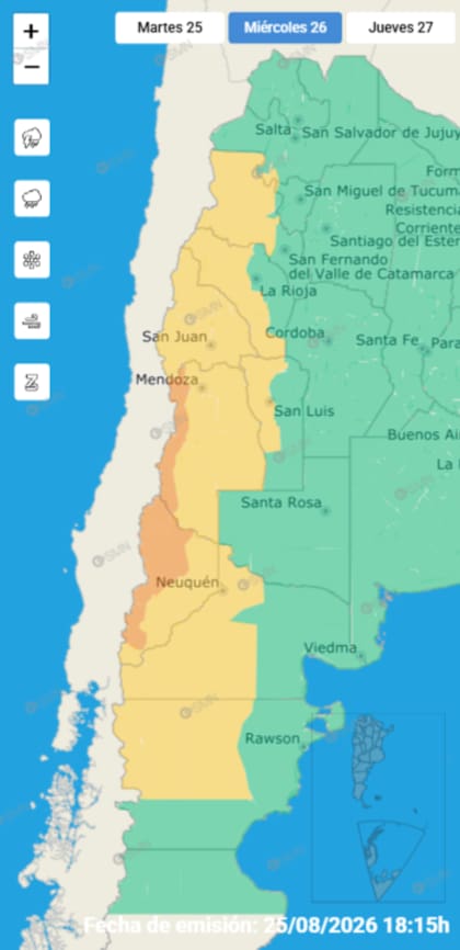 Las alertas emitidas por el SMN para este miércoles 26 de agosto