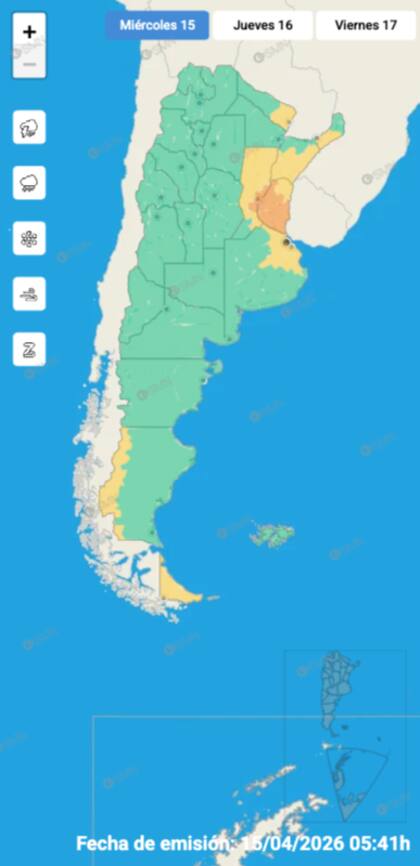 Las alertas emitidas por el SMN para este miércoles 15 de abril.