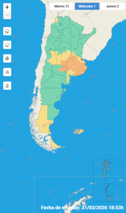 Las alertas emitidas por el SMN para este miércoles 1 de abril