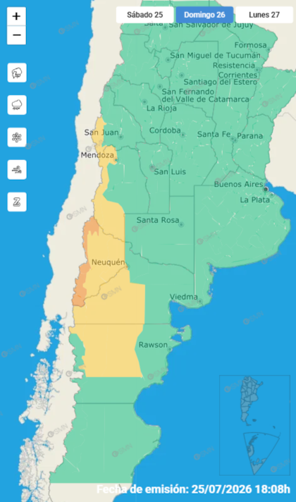 Las alertas emitidas por el SMN para este domingo 26 de julio