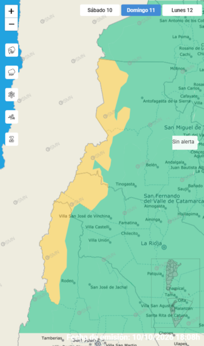 Las alertas emitidas por el SMN para este domingo 11 de octubre