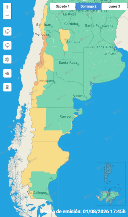 Las alertas emitidas por el SMN para este domingo 2 de agosto