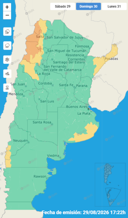 Las alertas emitidas por el SMN para este domingo 30 de agosto
