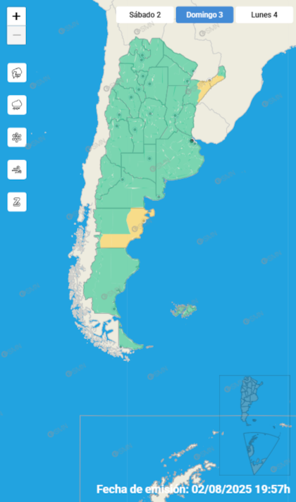 Las alertas emitidas por el SMN para este domingo 3 de agosto.
