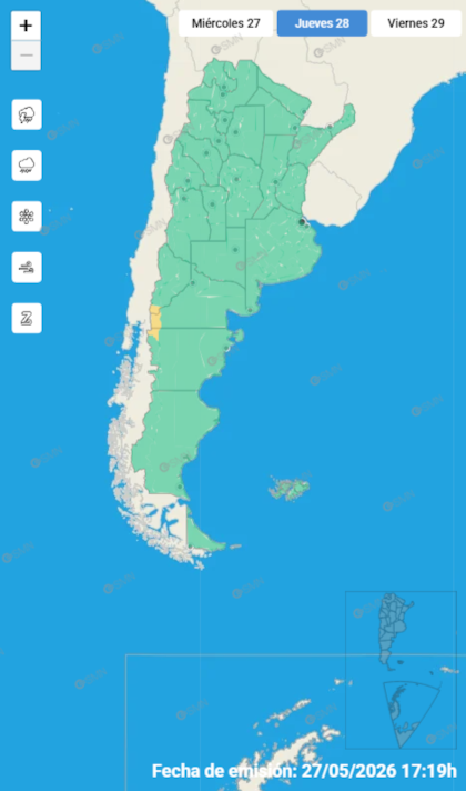 Las alertas emitidas por el SMN para este jueves 28 de mayo