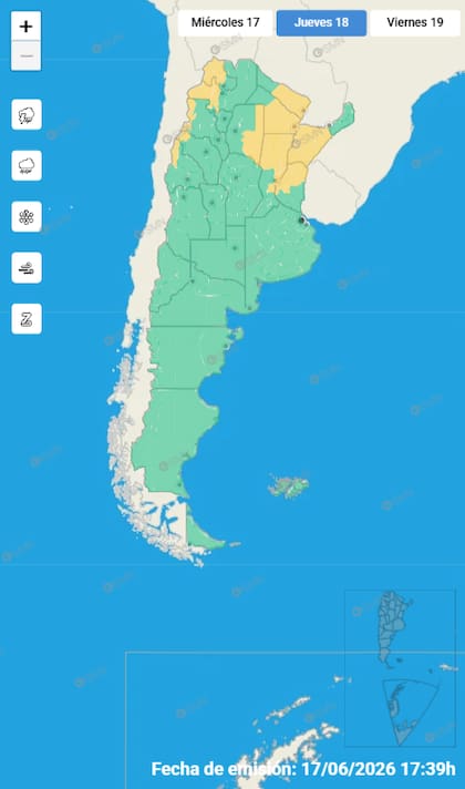 Las alertas emitidas por el SMN para este jueves 18 de junio
