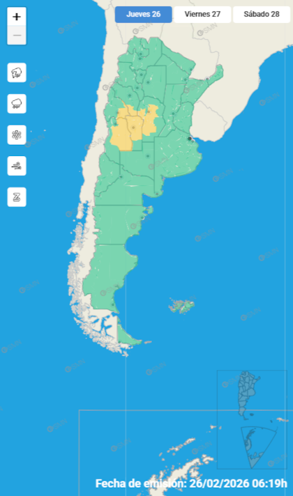 Las alertas emitidas por el SMN para este jueves 26 de febrero.