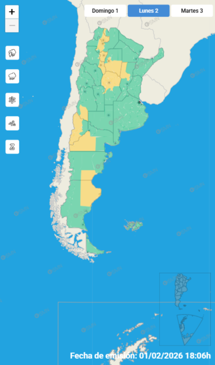 Las alertas emitidas por el SMN para este lunes 2 de febrero