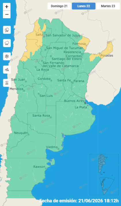 Las alertas emitidas por el SMN para este lunes 22 de junio