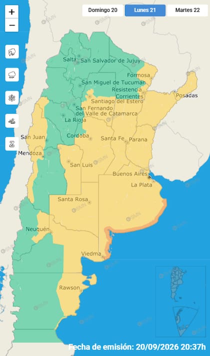 Las alertas emitidas por el SMN para este lunes 21 de septiembre