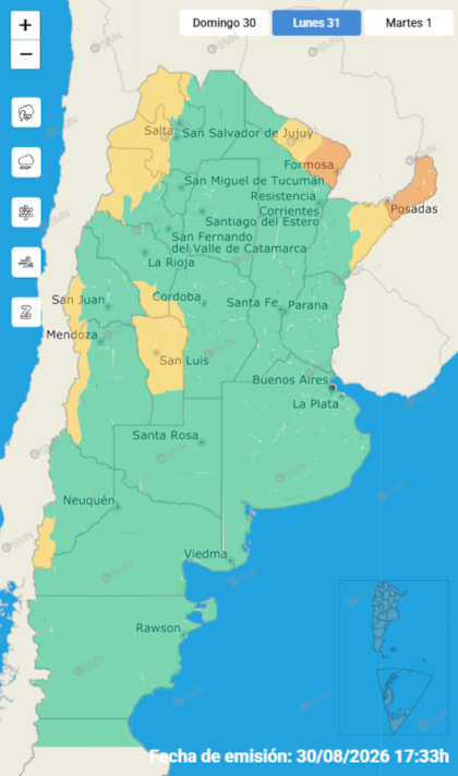 Las alertas emitidas por el SMN para este lunes 31 de agosto