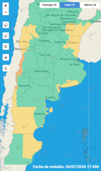 Las alertas emitidas por el SMN para este lunes 27 de julio