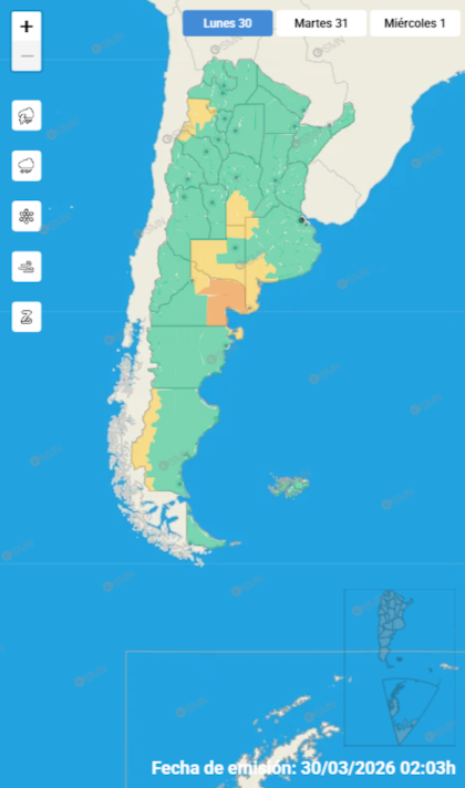 Las alertas emitidas por el SMN para este lunes 30 de marzo