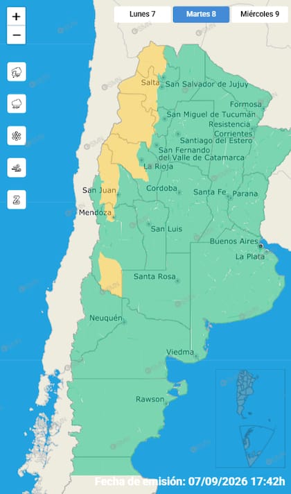 Las alertas emitidas por el SMN para este martes 8 de septiembre