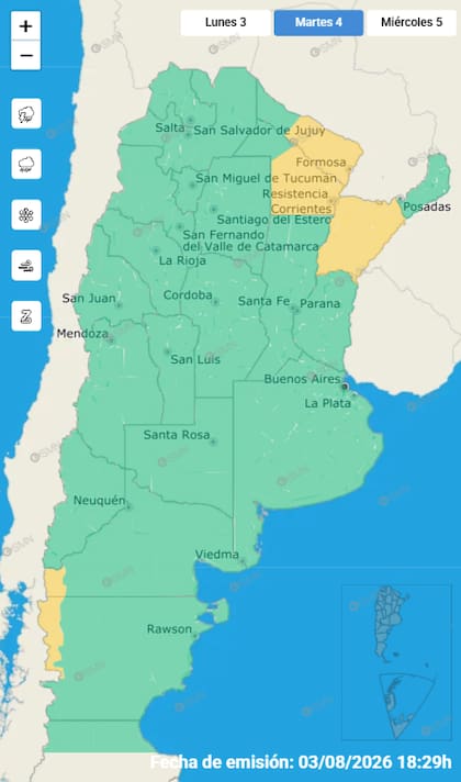 Las alertas emitidas por el SMN para este martes 4 de agosto