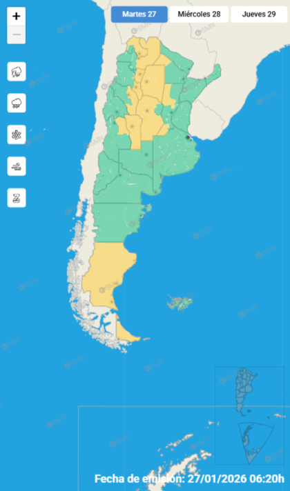 Las alertas emitidas por el SMN para este martes 27 de enero.