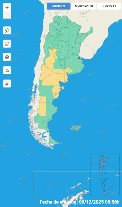 Las alertas emitidas por el SMN para este martes 9 de diciembre