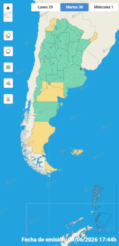 Las alertas emitidas por el SMN para este martes 30 de junio