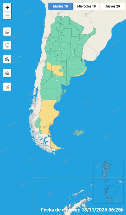 Las alertas emitidas por el SMN para este martes 18 de noviembre