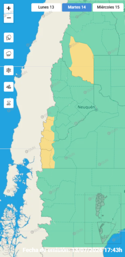 Las alertas emitidas por el SMN para este martes 14 de julio