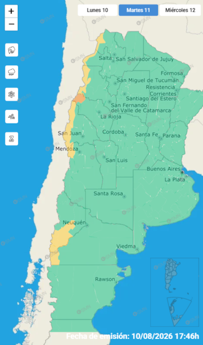 Las alertas emitidas por el SMN para este martes 11 de agosto