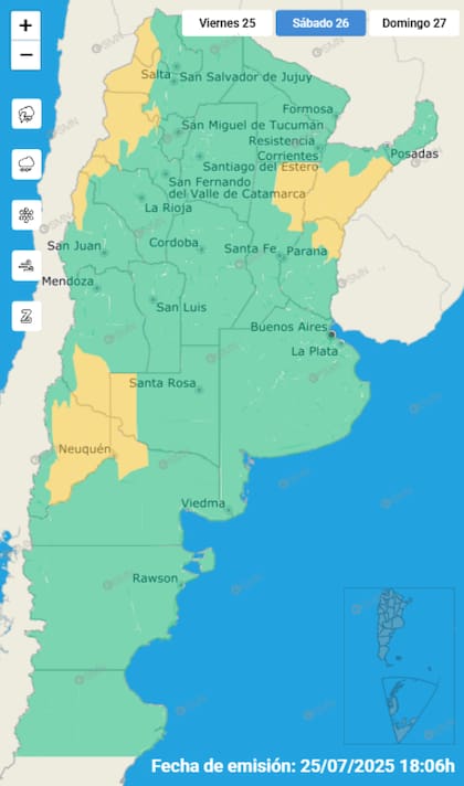 Las alertas emitidas por el SMN para este sábado 26 de julio.