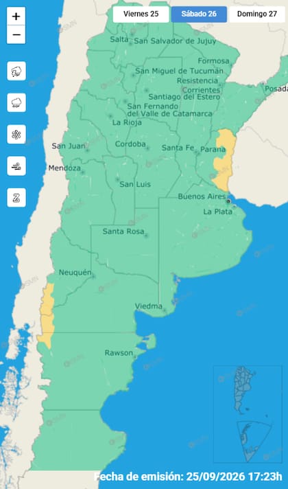 Las alertas emitidas por el SMN para este sábado 26 de septimebre